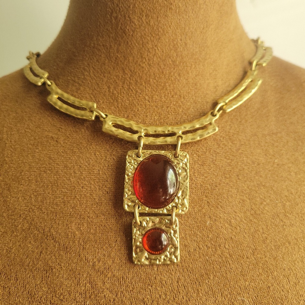 Dana Buchman Gold Tone Red Cabochon Hammered Statement Necklace  Eclectic